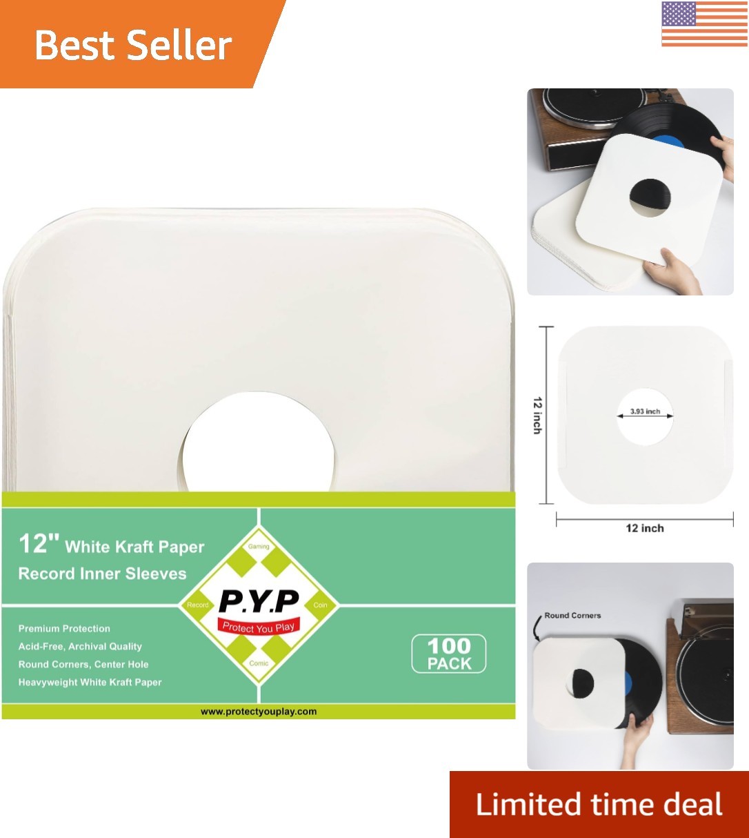 100-Count 12-Inch Vinyl Inner Sleeves for LPs - Durable Kraft Paper