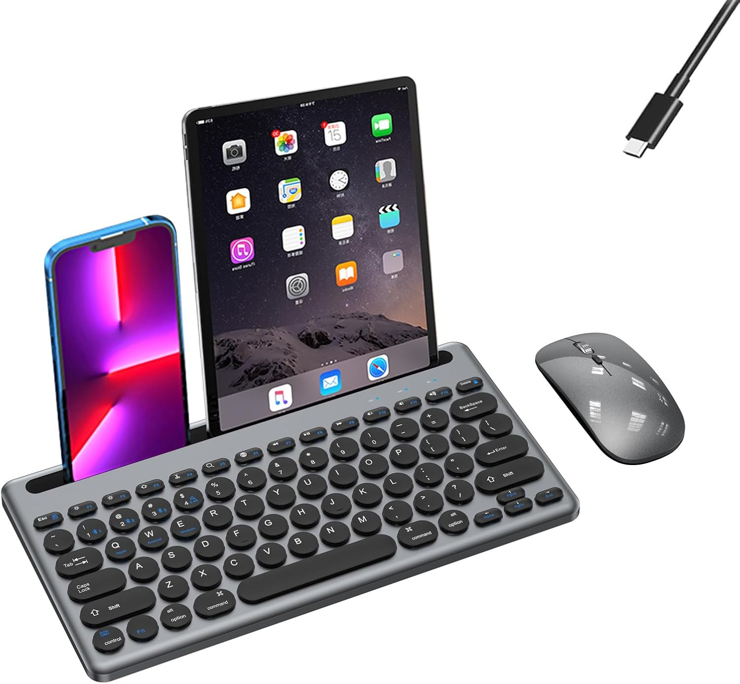 Wireless Keyboard and Mouse Combo with Phone Tablet Holder, Rechargeable Dual-Mo