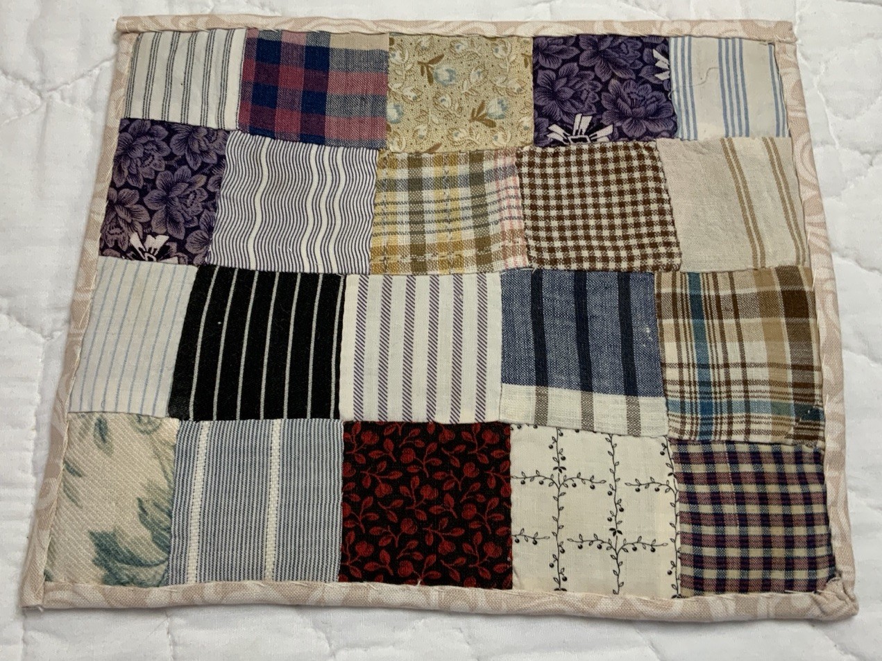 Vintage Patchwork Quilt Table Topper, Four Patch, Early Calicos, Multi Color