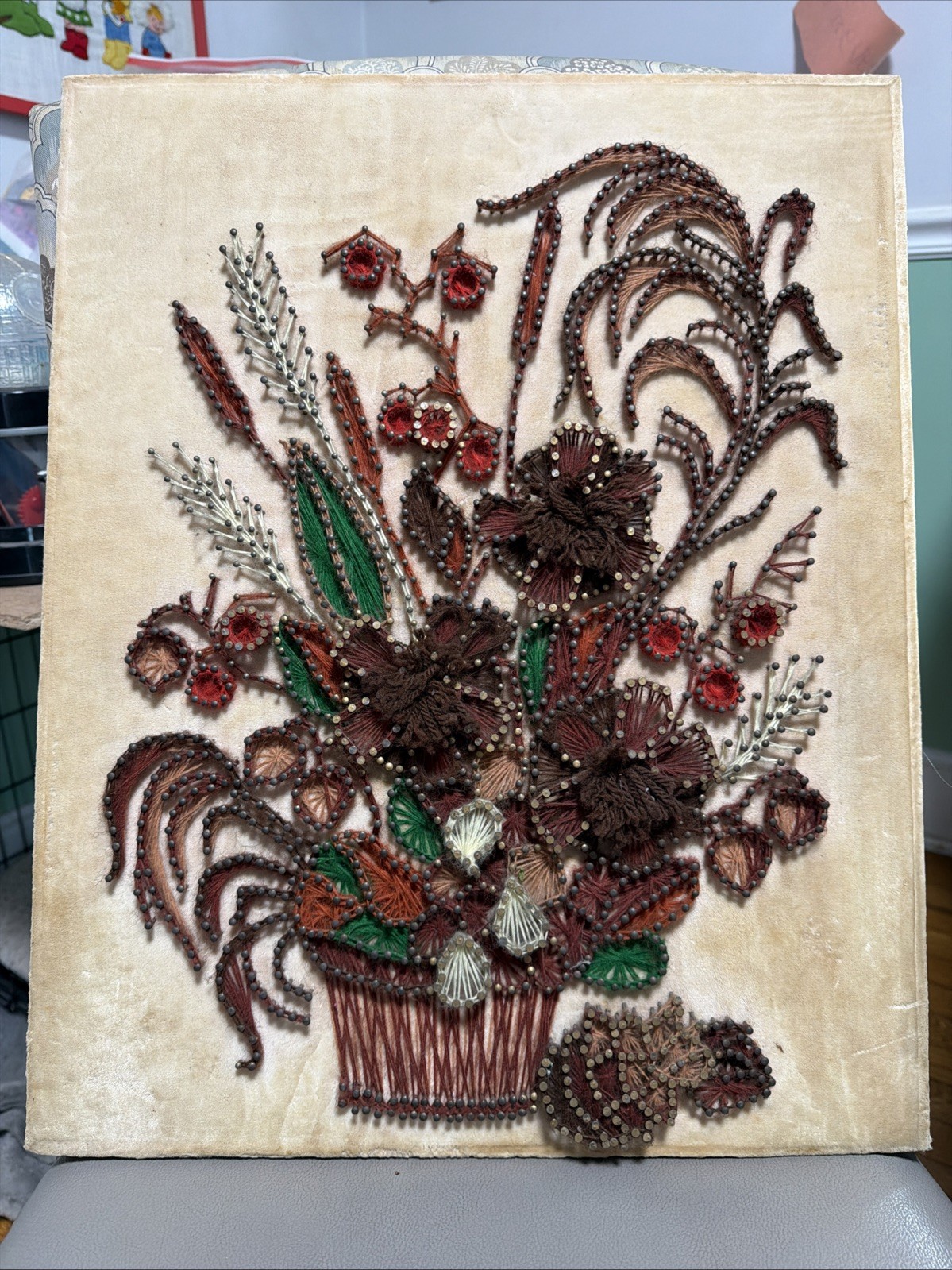 VTG 1970s String Nail Art Floral Basket BOHO MCM Velvet On Wood 16"x20