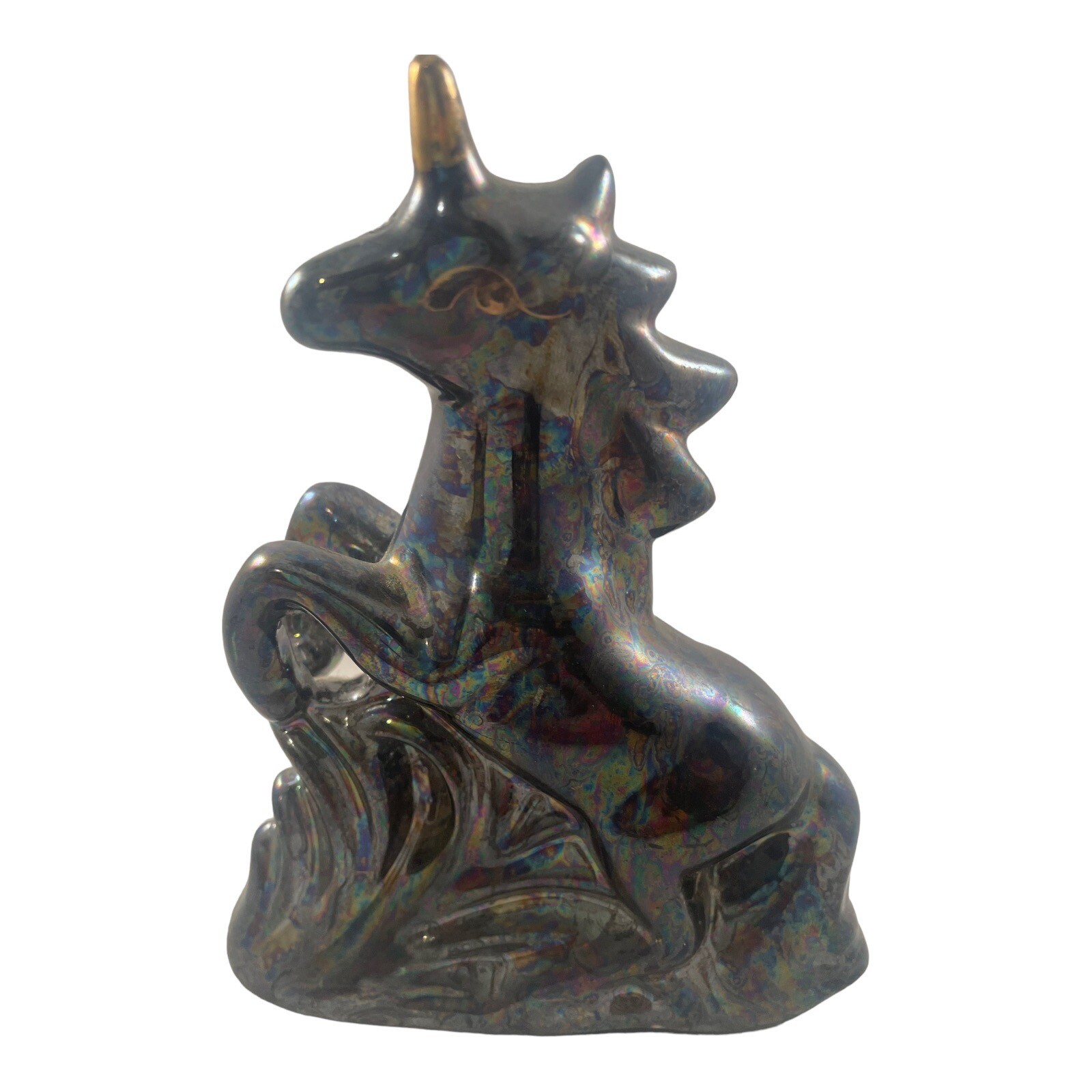 Black Unicorn Iridescent Ceramic  Porcelain 5" Tall