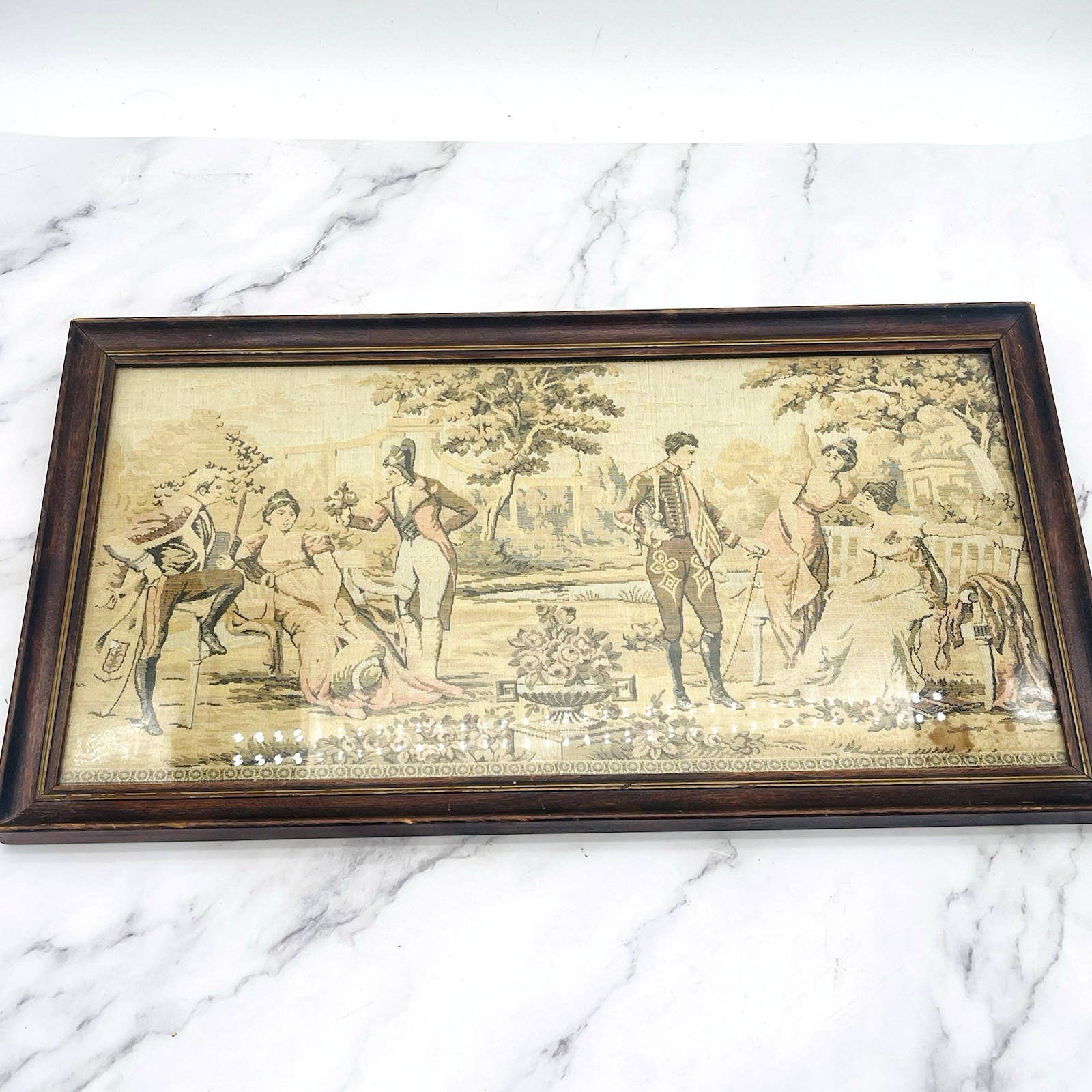 Atq Framed Gobelin Machine woven Jacquard tapestry Italian Garden 20.25" x 11"