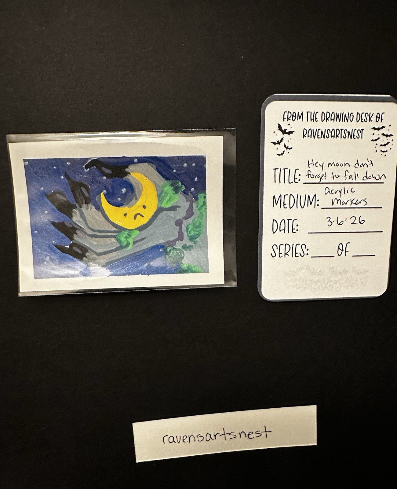 Aceo “Hey Moon…” Original Miniature Painting RavensArtsNest Signed 2.5x3.5in