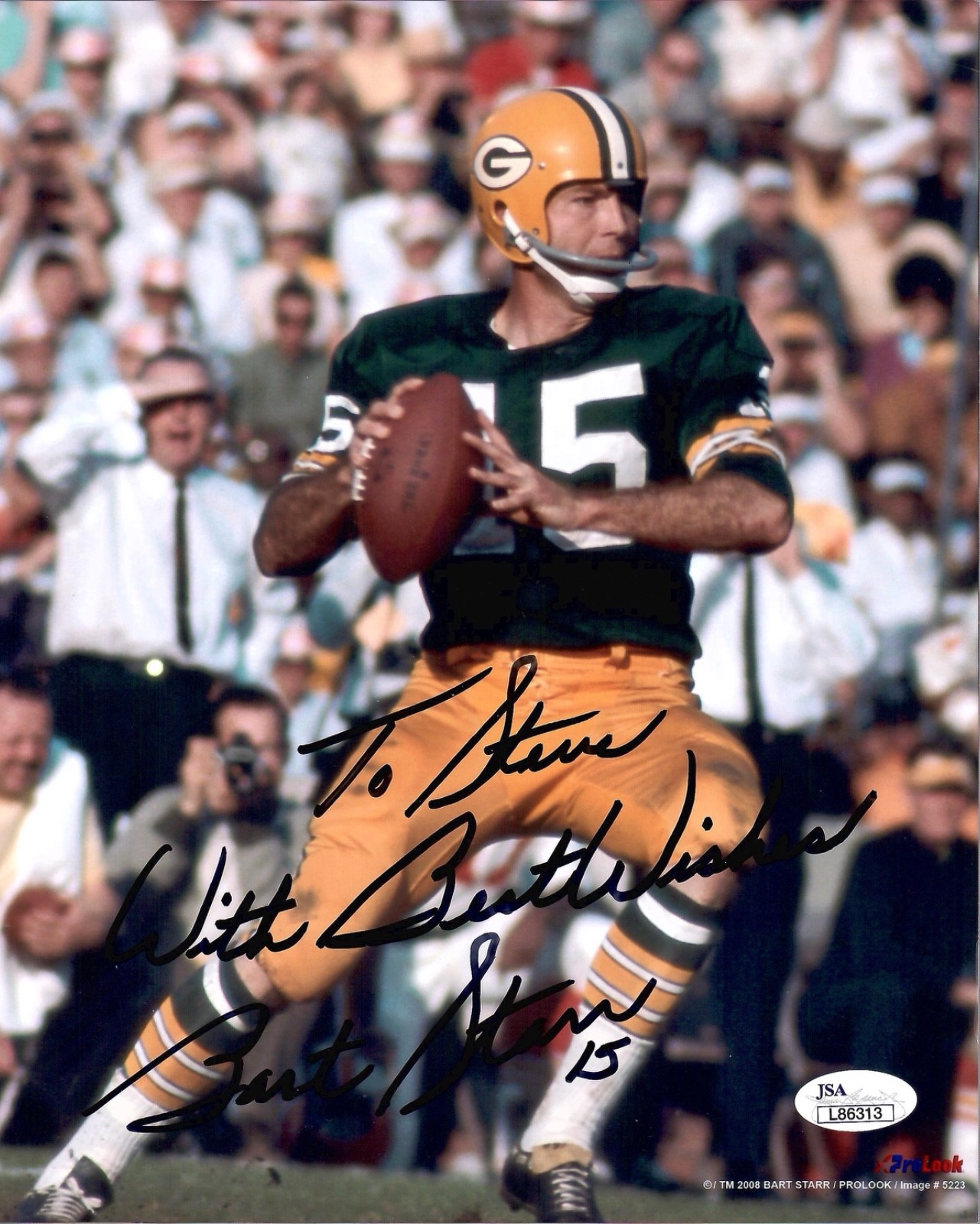 BART STARR HAND SIGNED 8x10 COLOR PHOTO     GREEN BAY PACKERS    TO STEVE    JSA