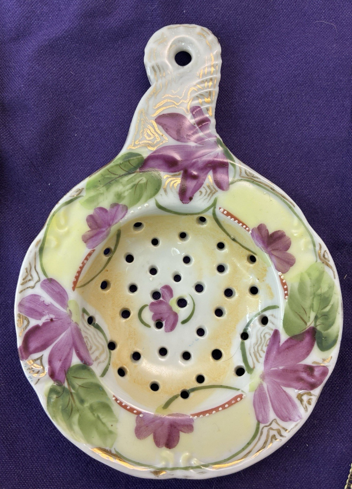 Antique Porcelain TEA STRAINER Hand Painted Pearl Finish Floral Textured