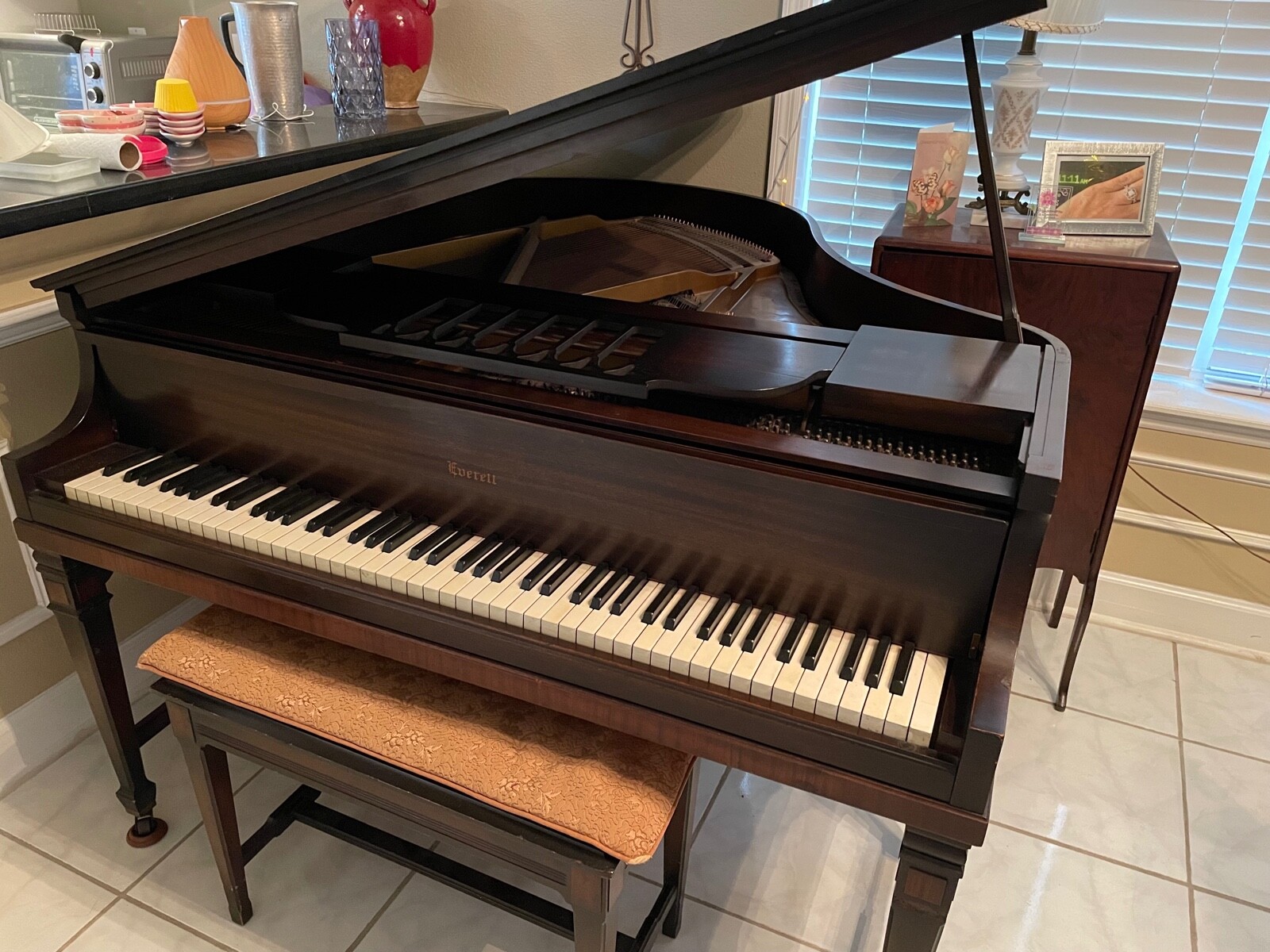 EVERETT ANTIQUE BABY GRAND PIANO 1890's double legs w/chair sheet music cabinet