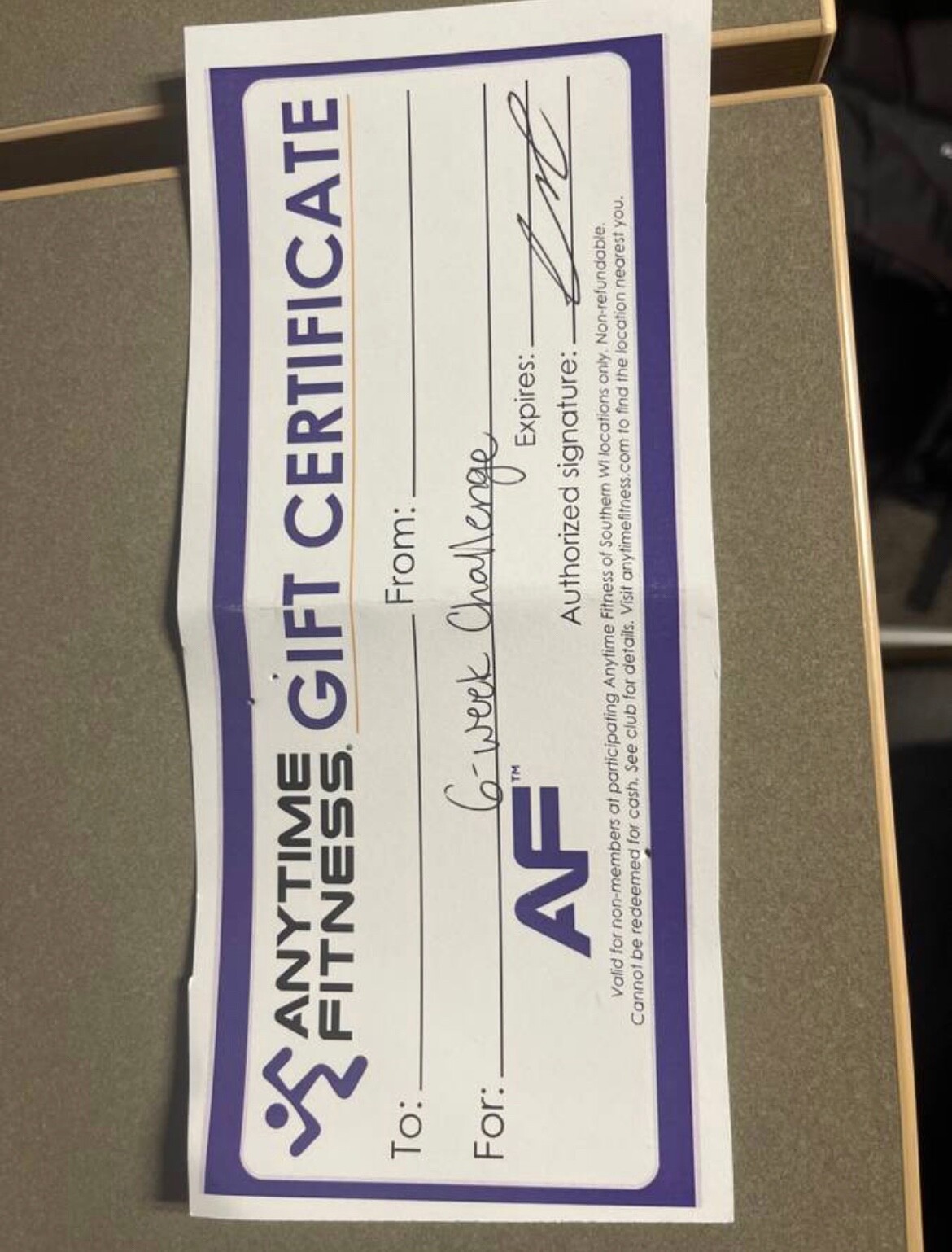 6 week gym membership to Anytime Fitness. 