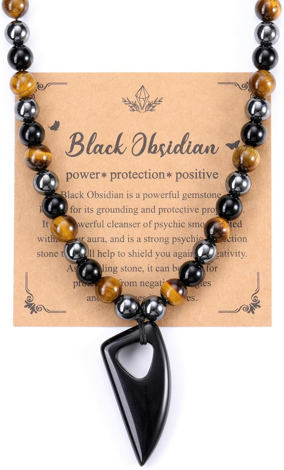 Healing Crystals Natural Black Obsidian Tigers Eye Hematite Beaded Necklace Wolf