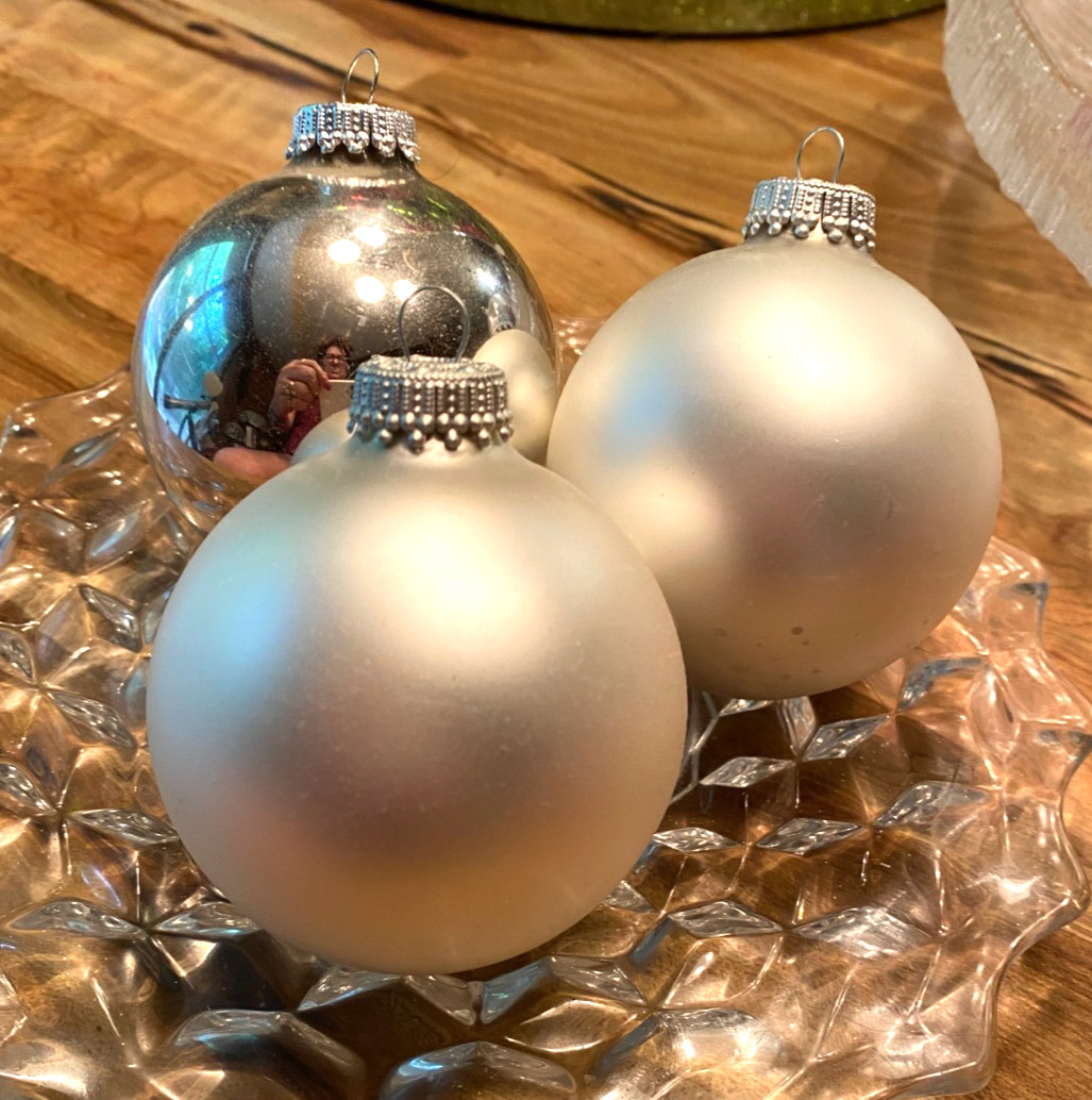 3 White & Silver Blown Glass Ball Christmas Ornaments 2 1/2"