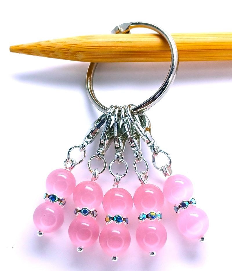 MikieLou Stitch Markers Premium Pink Cat Eye Glass Rhinestones Knitting Crochet