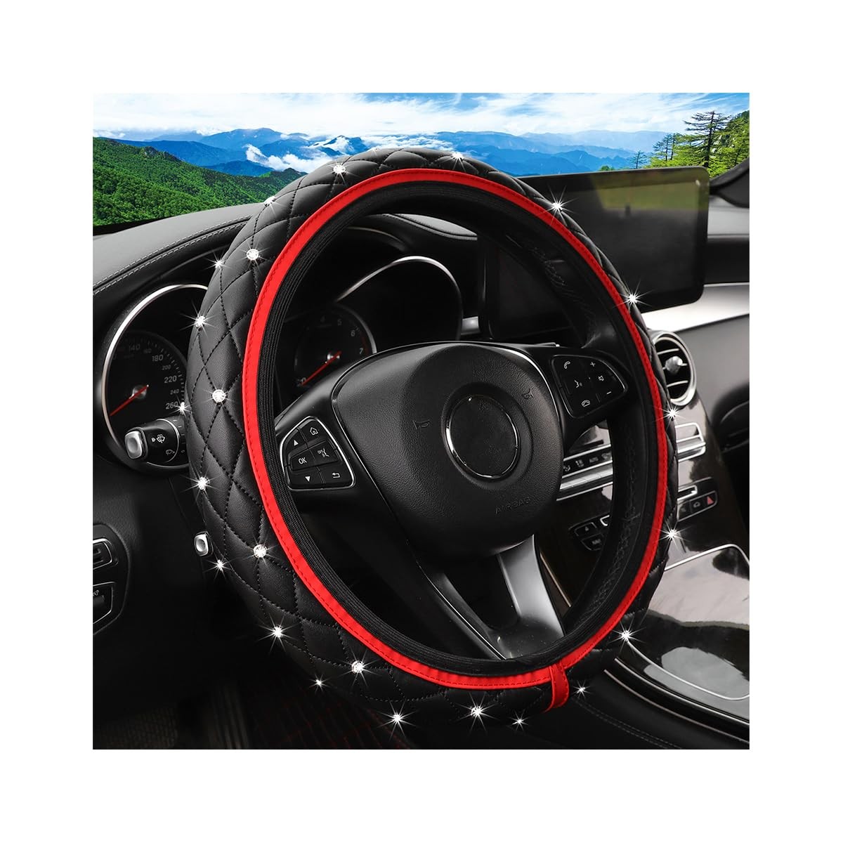 KHGUZ Bling Car Steering Wheel Cover, Non-Slip Elastic Stretch Leather Red 