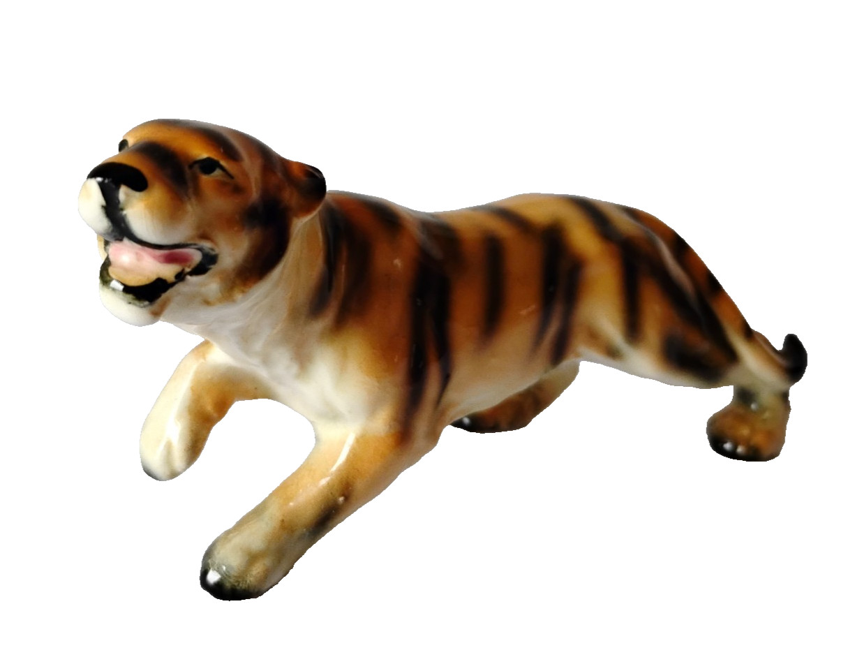 Vintage 60's Glazed Ceramic Porcelain Bengal Tiger Statue Figurine Japan 6" L