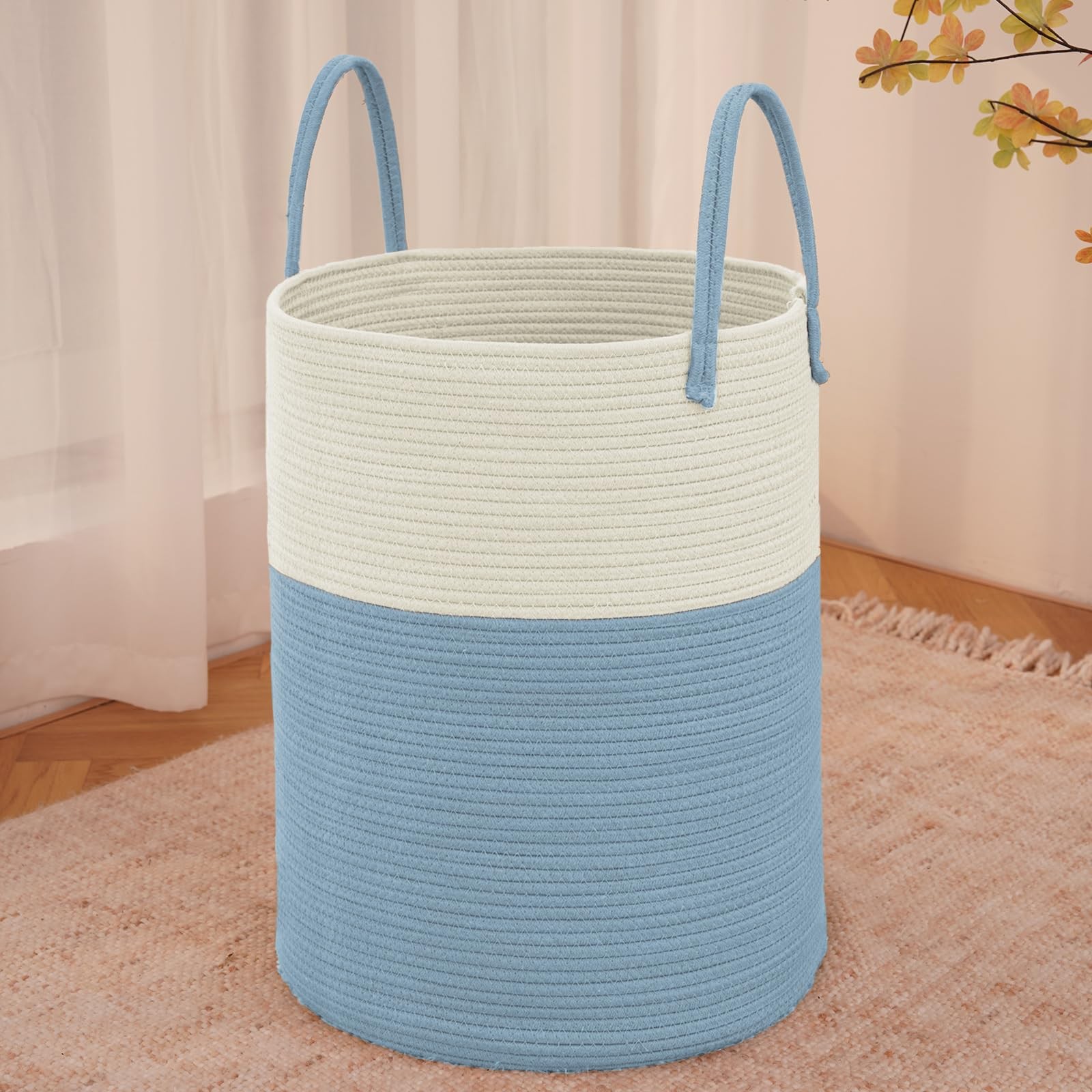 Woven Laundry Basket 80L Cotton Rope Storage Bin White and Blue JMvicyroam Large