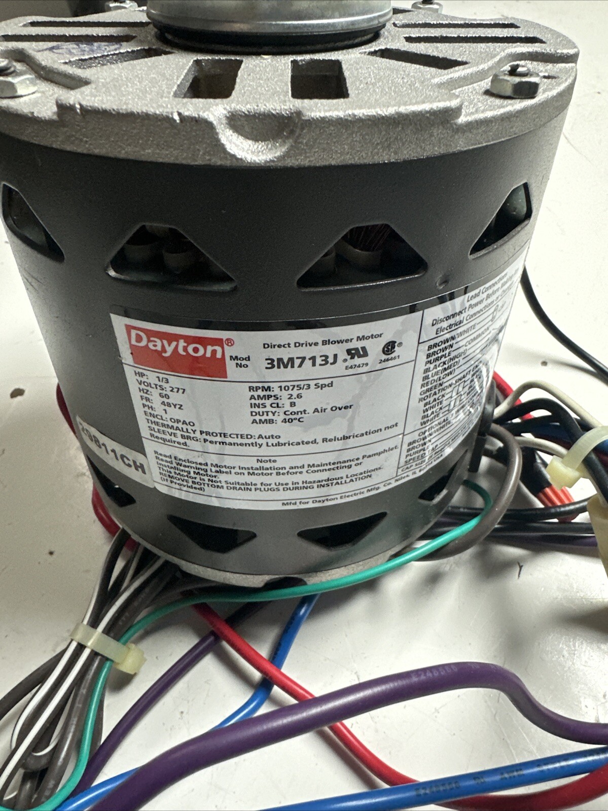 Dayton 3M713J Direct Drive Blower Motor 1/3HP 1075RPM/3SPD 277VAC 2.6Amps 3M713