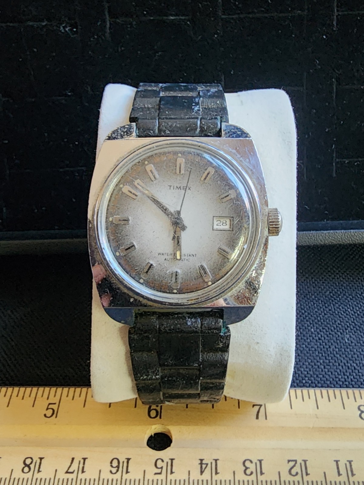 Vintage 70s Timex Marlin Square Case Automatic Men's Watch Winds Runs OG Band 