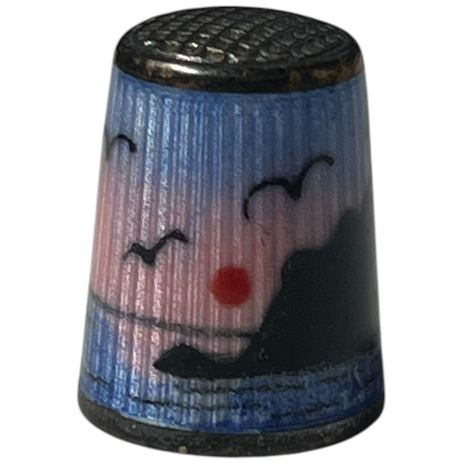 Aksel Holmsen Vintage Norway Enameled Sterling Silver Thimble Sunset Ocean Birds
