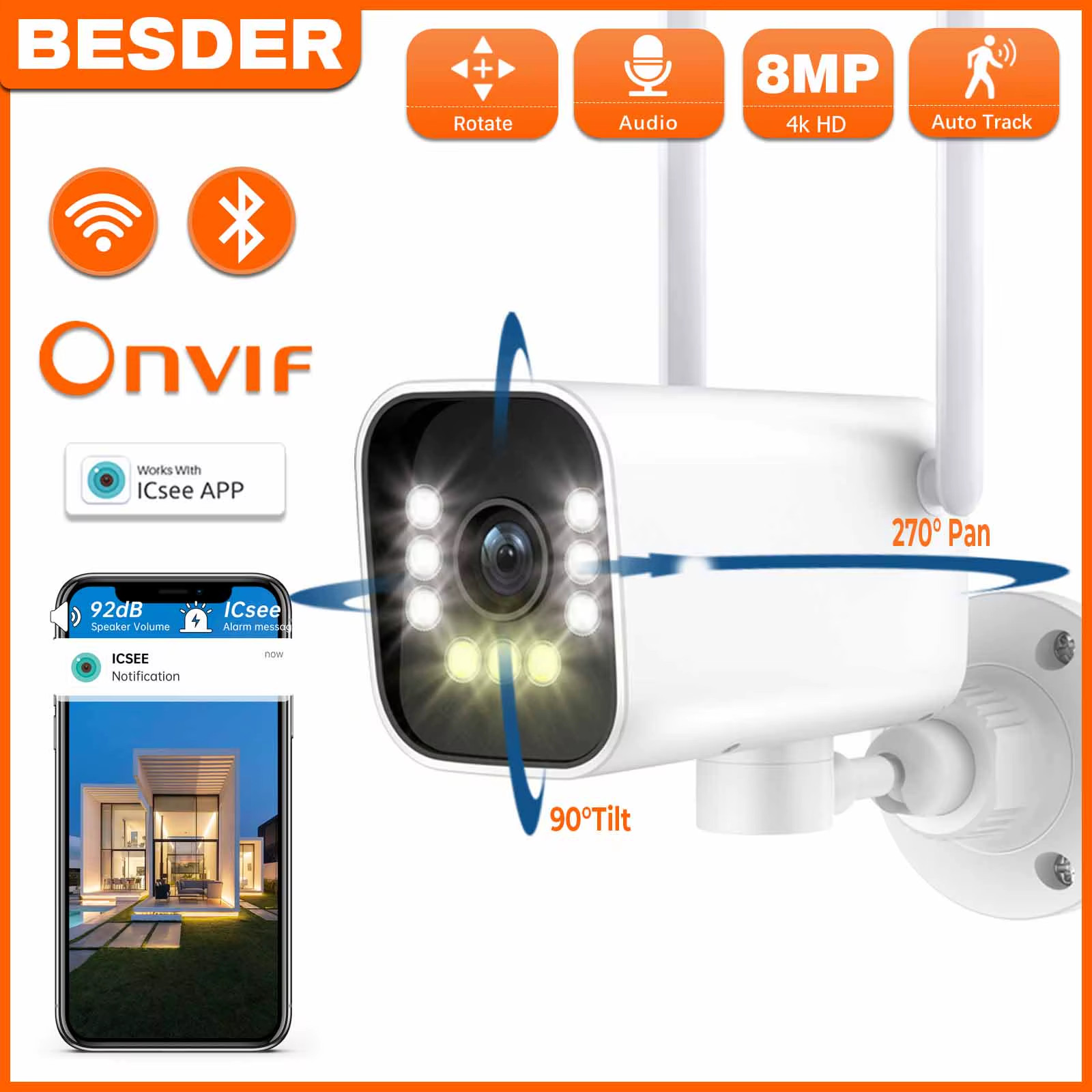 BESDER 8MP PTZ Bullet IP Camera Wifi AI Human Detect Icsee 1080P CCTV Outdoor Wi
