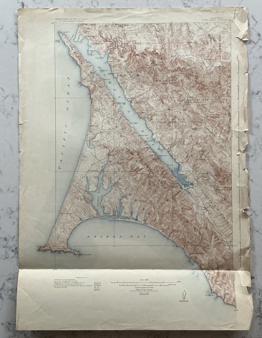 VINTAGE POINT REYES CALIFORNIA GEOLOGICAL SURVEY TOPOGRAPHICAL MAP 1930 USGS