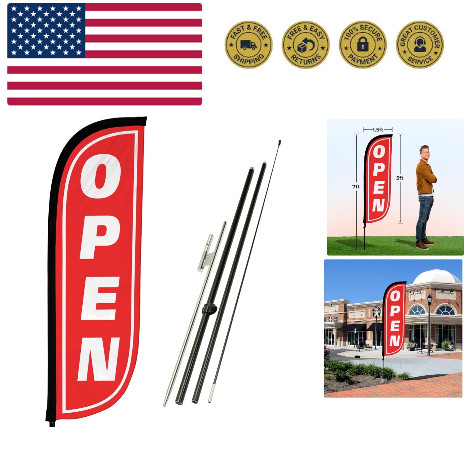 Feather Flag Pole Kit - 7 Feet Tall Advertising Banner with Fiberglass Pole S...