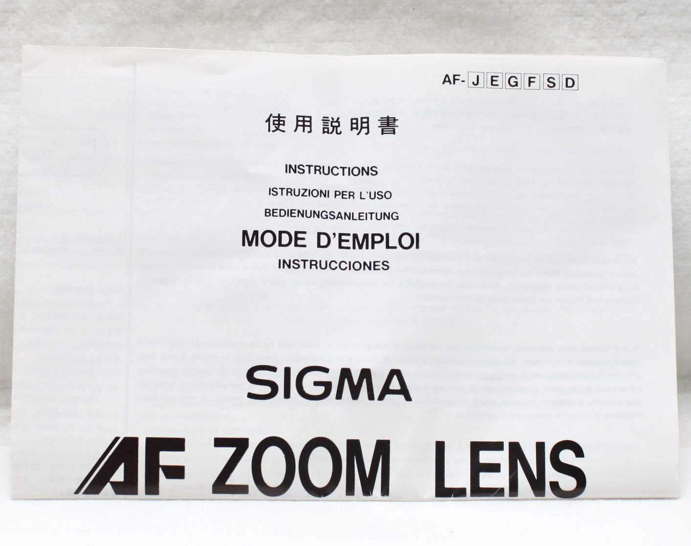 Sigma AF Zoom Lens Instructions Guide Product Chart