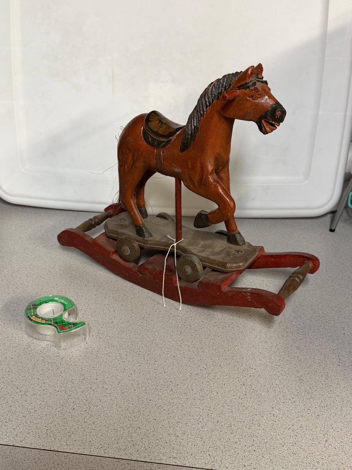 Vintage Wooden Rocking Horse Hand Carved Folk Art Primitive Pull Toy Decor