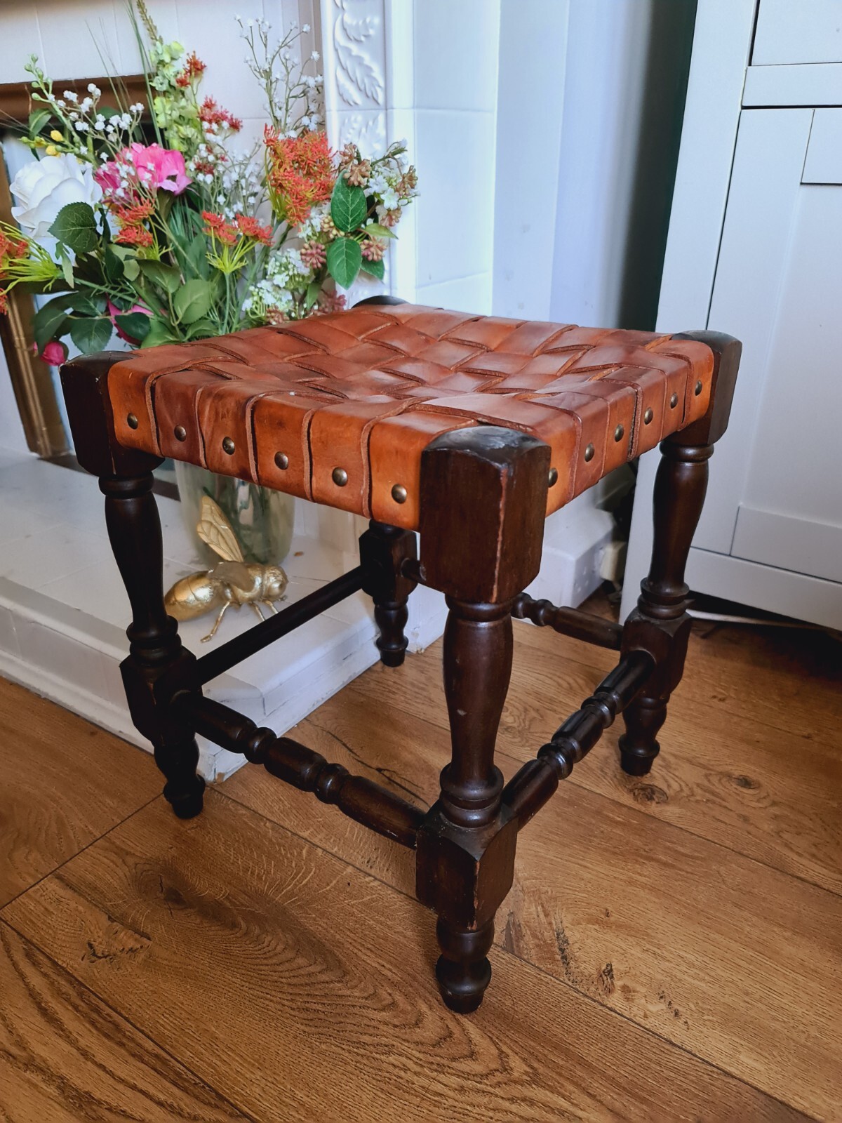 Antique Leather Wood Stool Leather Braided Seat Distressed Dark Tan Rare Item 