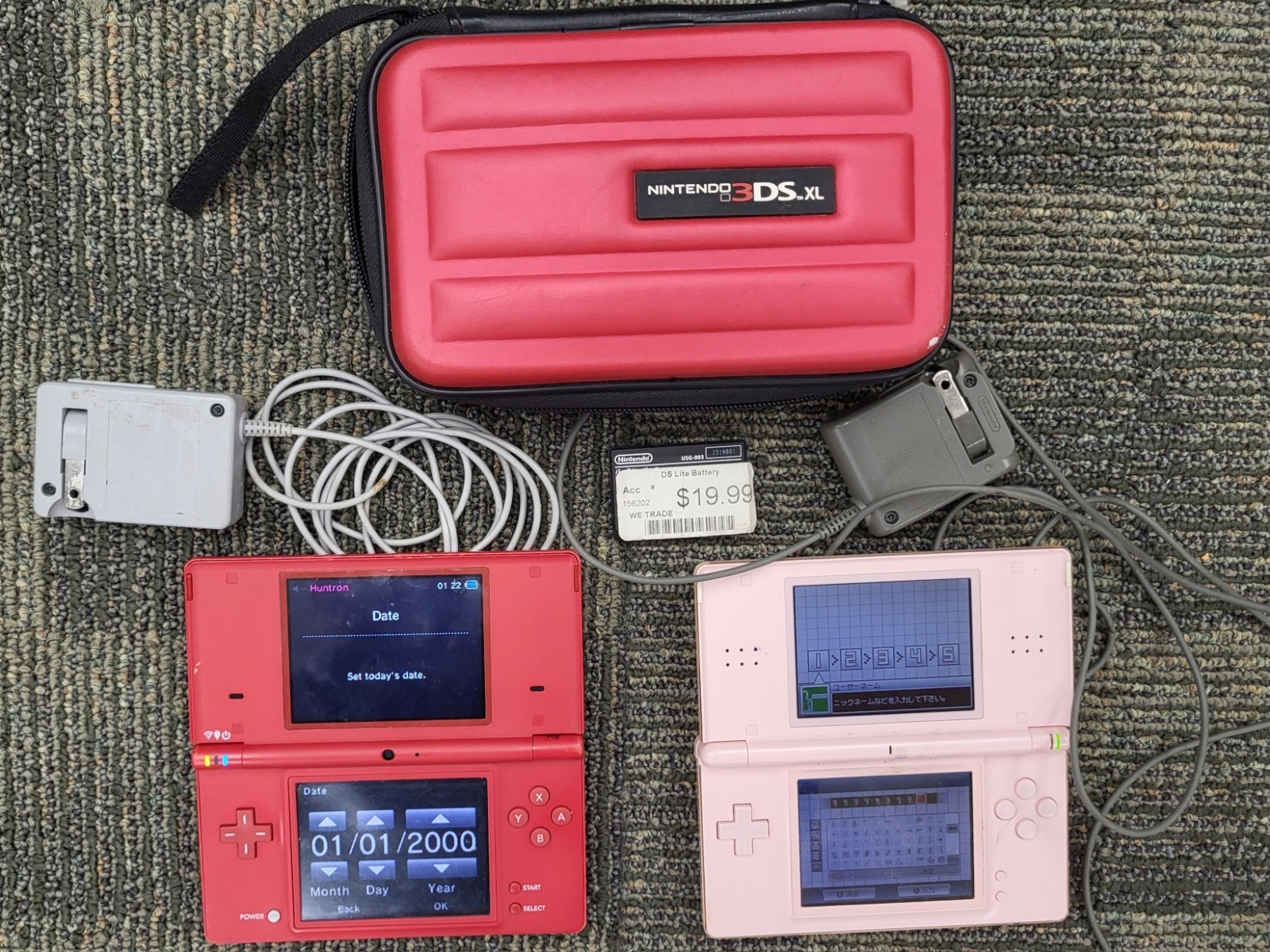 Nintendo DS Lite Consoles Lot with Chargers and 3DS XL Case