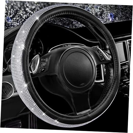  Bling Diamond Leather Steering Wheel Cover, with Bling Sparkly Silver Diamond