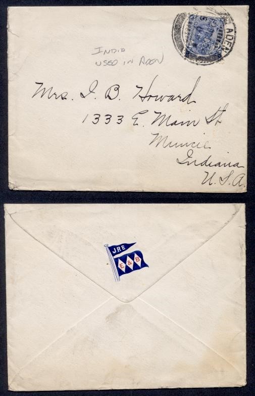 INDIA USED IN ADEN TO USA JRE/E&B BACK FLAP