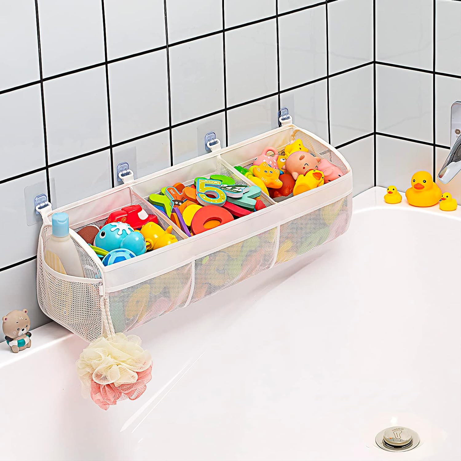 Original 3 Compartment Horizontal Large Openings Bath Toy Organizer for Tub, Cap