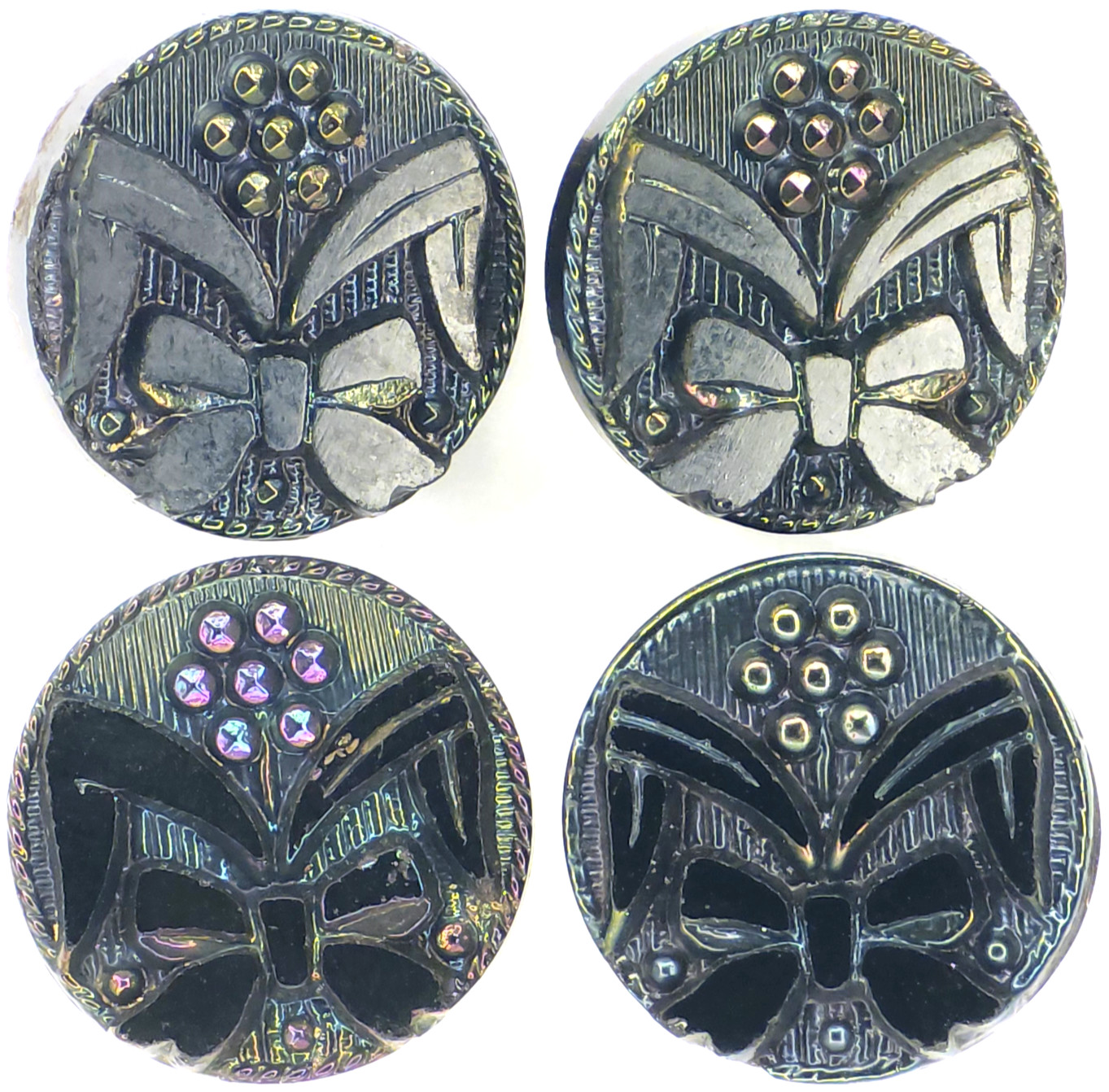 C1890s Victorian Purple Blue Carnival Glass Luster Flower Bow Button LOT SET 4