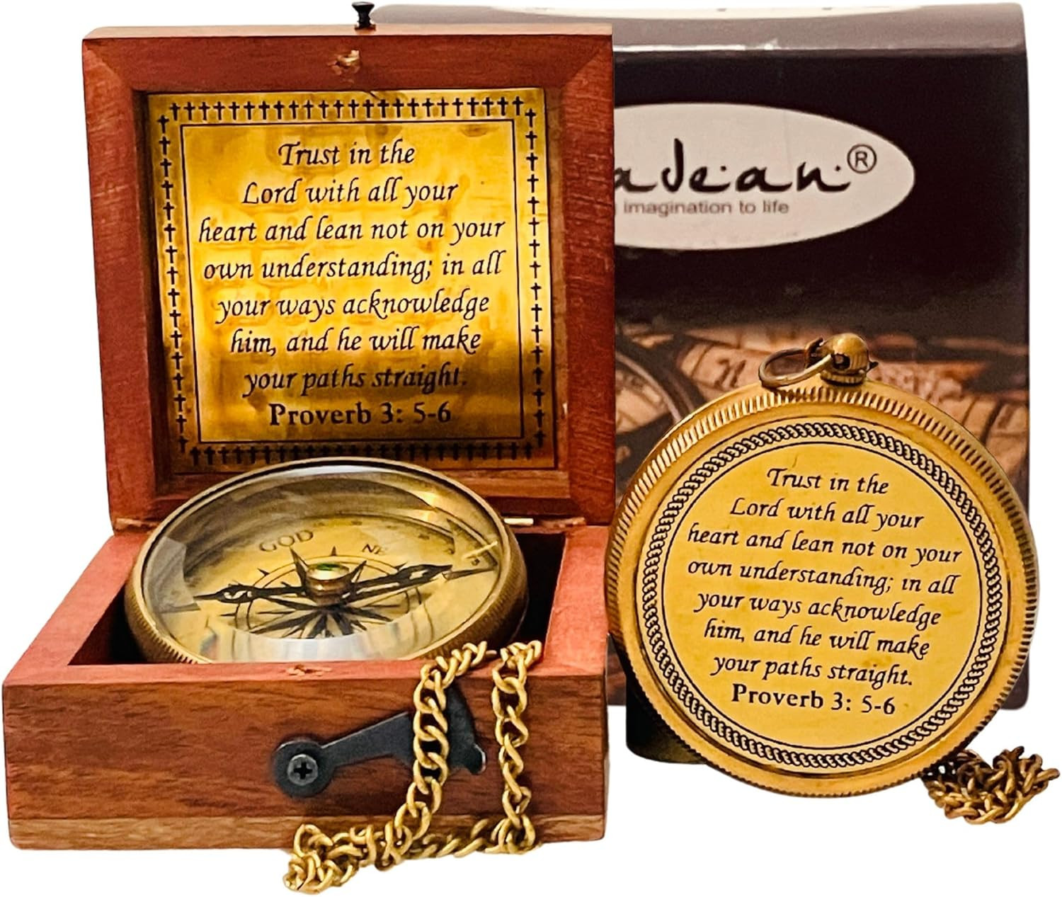 Trust in the Lord - Proverbs 3: 5-6 Engraved Compass, Wood Box Greeting, Inspira