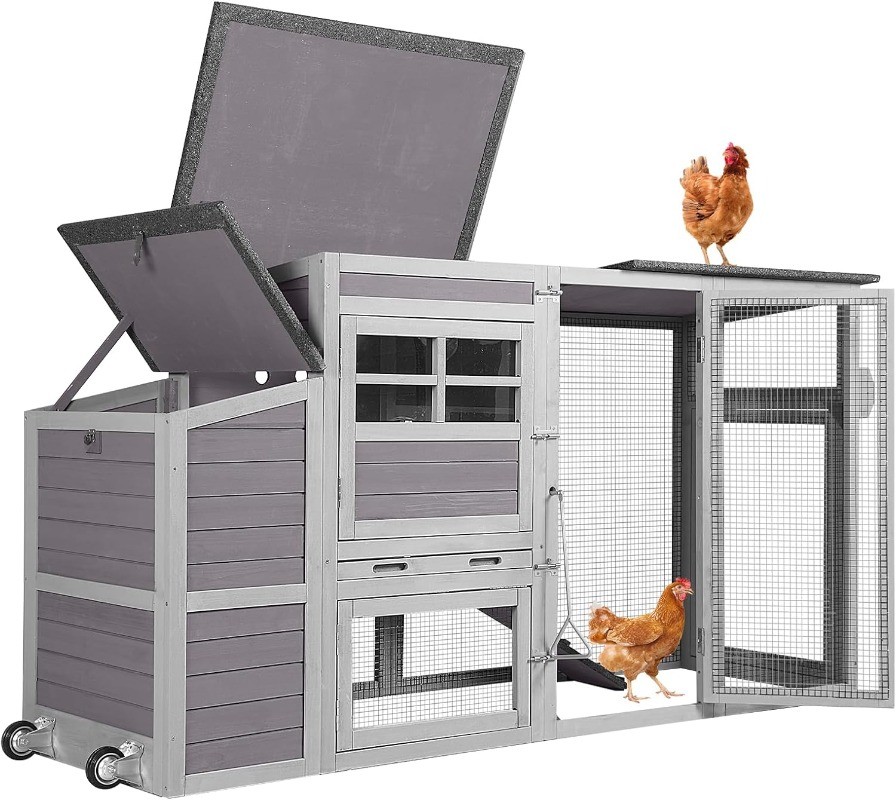 Large Chicken Coop with Wheels Portable Hen House with Opening Waterproof Roof