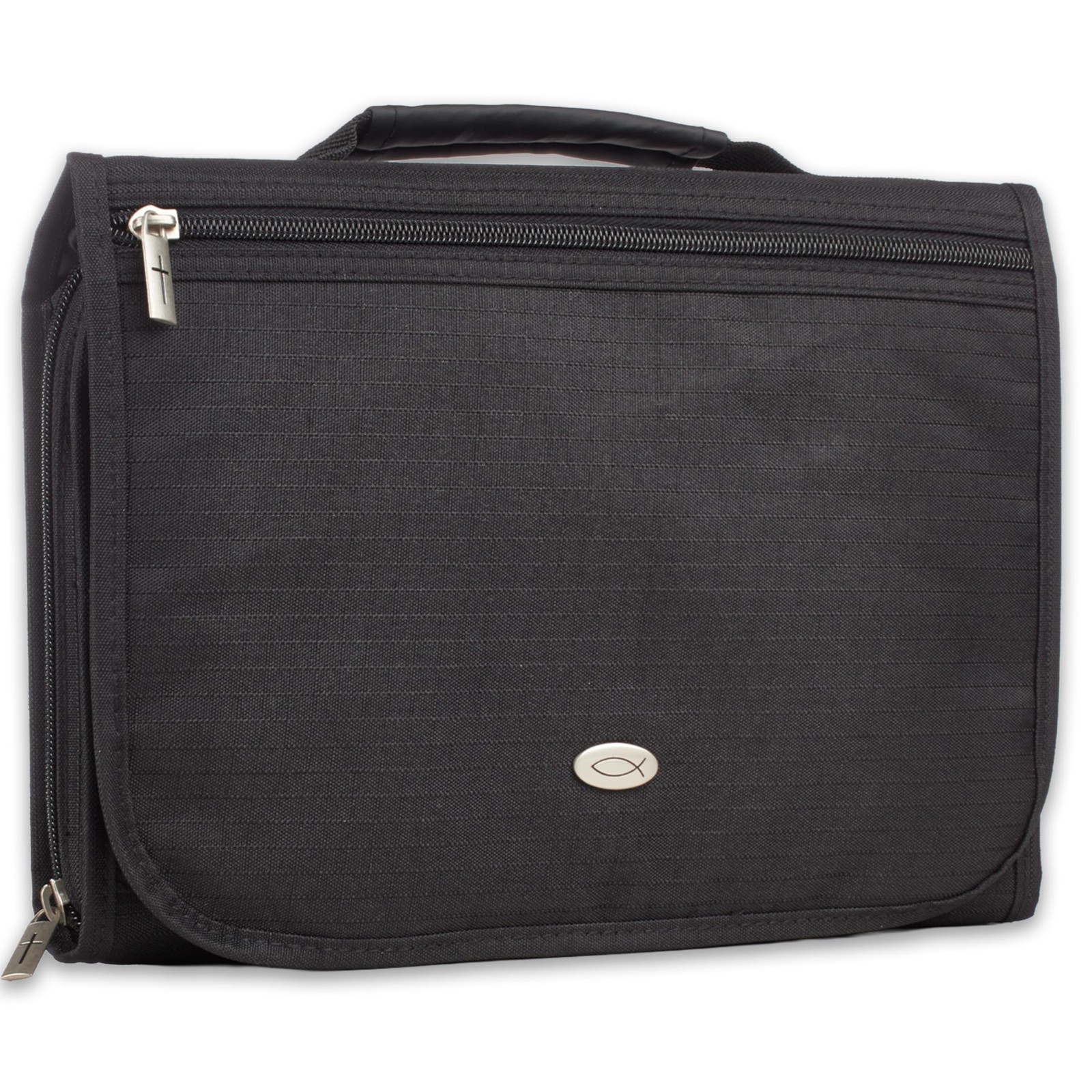Jesus Fish Badge Men/Women Tri-Fold Organizer Bible Cover Zipper Closure, Bla...