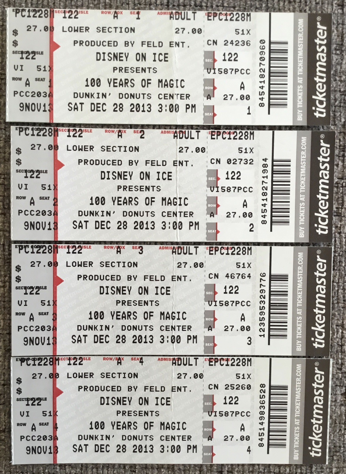 Disney On Ice Tickets-USED-DEC 28, 2013