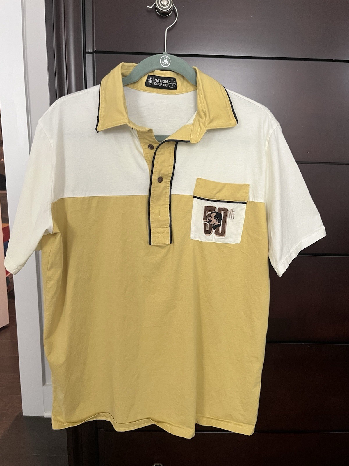 Nation Golf Co Polo Shirt Mens Large,  50th Logo On Pocket Yellow And Cream