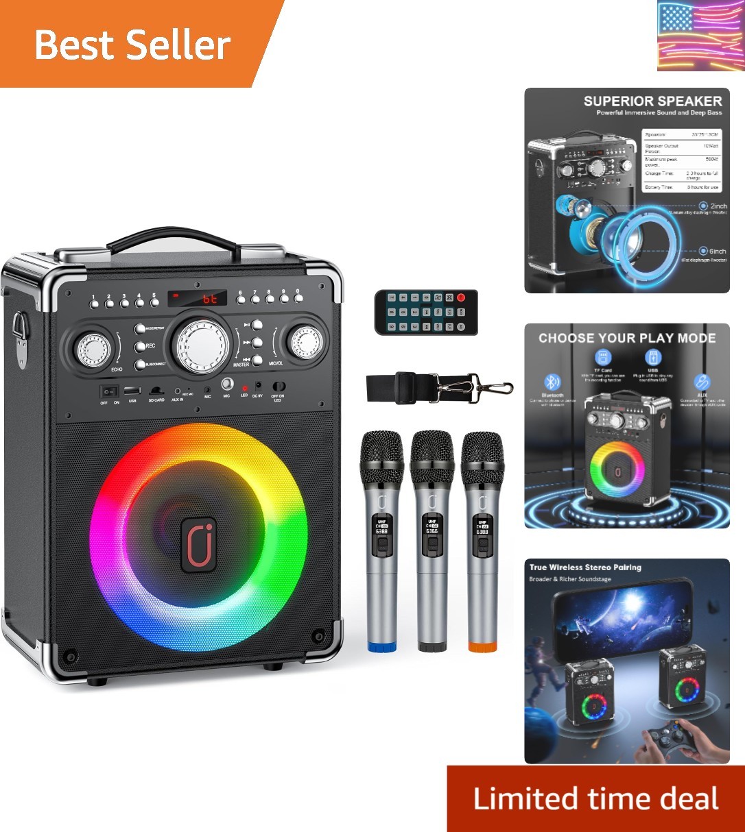 Karaoke Machine with 3 Wireless Microphones, Bluetooth Karaoke Speaker with 3...