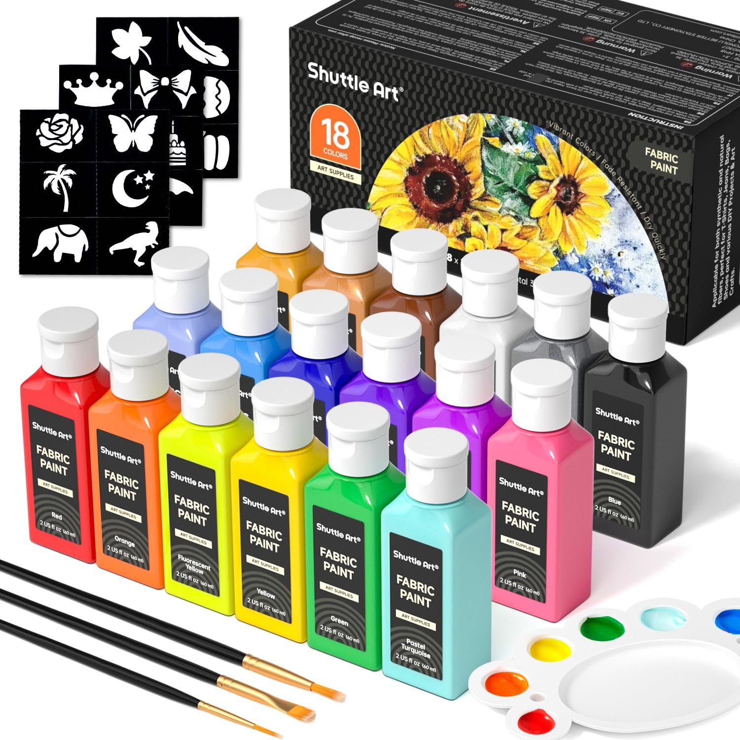 Fabric Paint, 18 Colors Permanent Soft Fabric Paint in Bottles (60ml/2oz) wit...