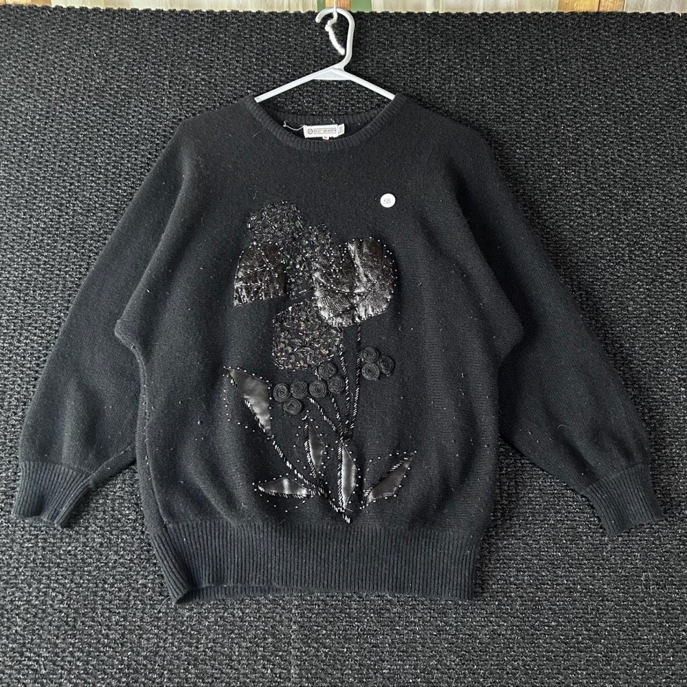 Vintage Black Lambswool Angora Sequined Flower Embellished Sweater Women Size 46