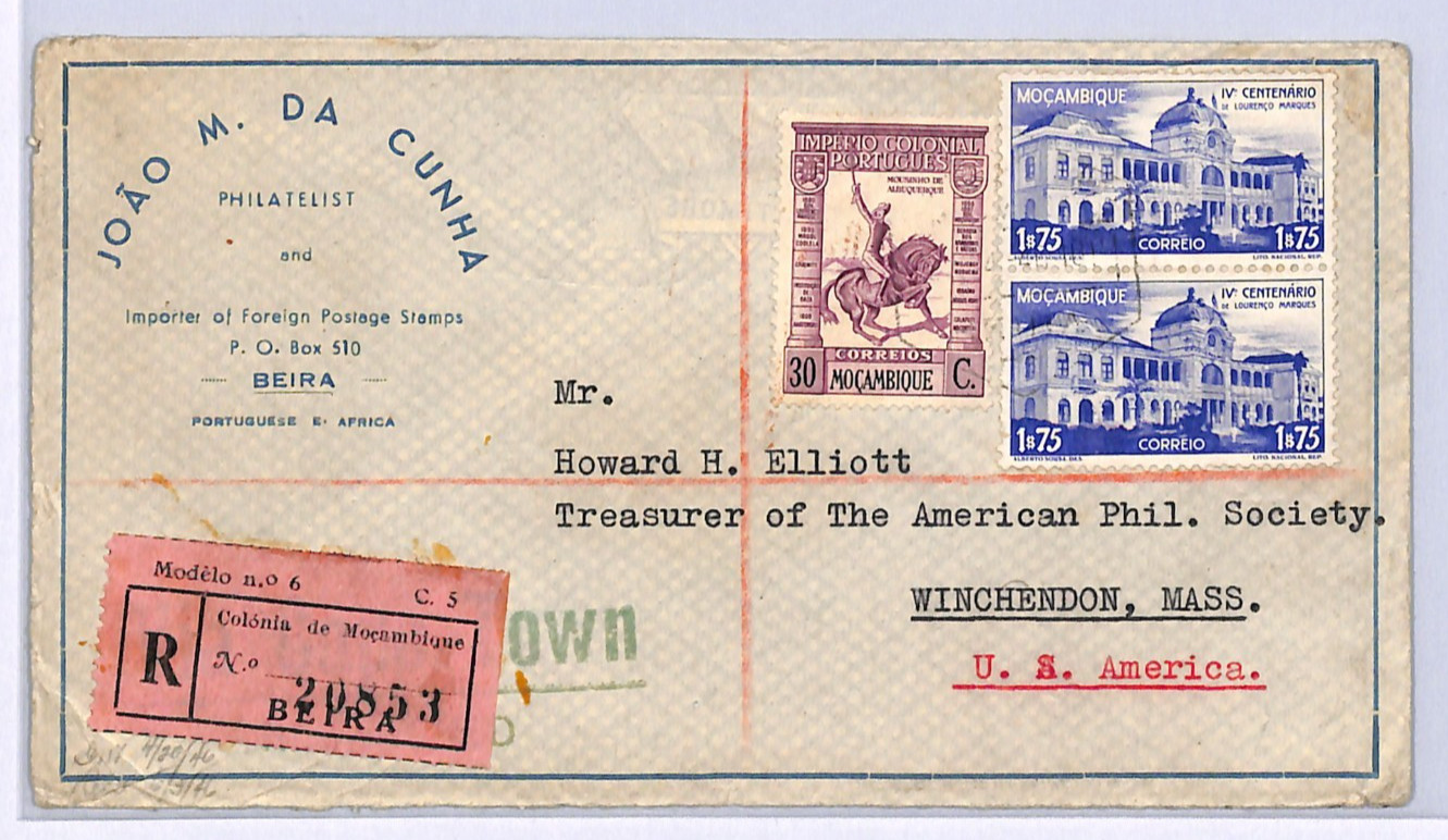 MOZAMBIQUE Cover *Beira* Registered 1946 Portugal Cols USA MA Winchendon WB213