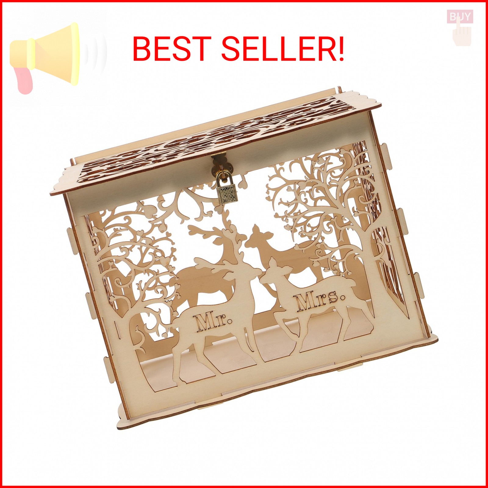 Amosfun Wooden Vinatge Wedding Card Box DIY Rustic Hollow Wedding Box with Lock 