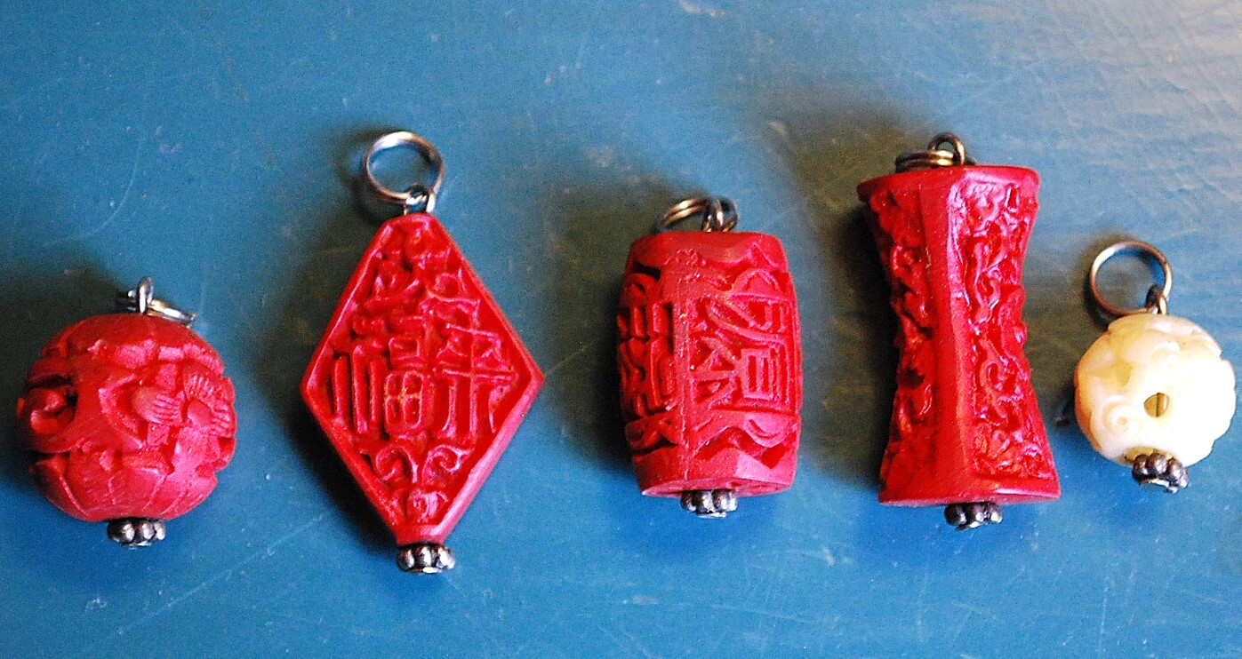 Set 5 Hand Carved Chinese Beads- 4 RED CINNABAR + 1 Bone Bead LOOPED For Jewelry