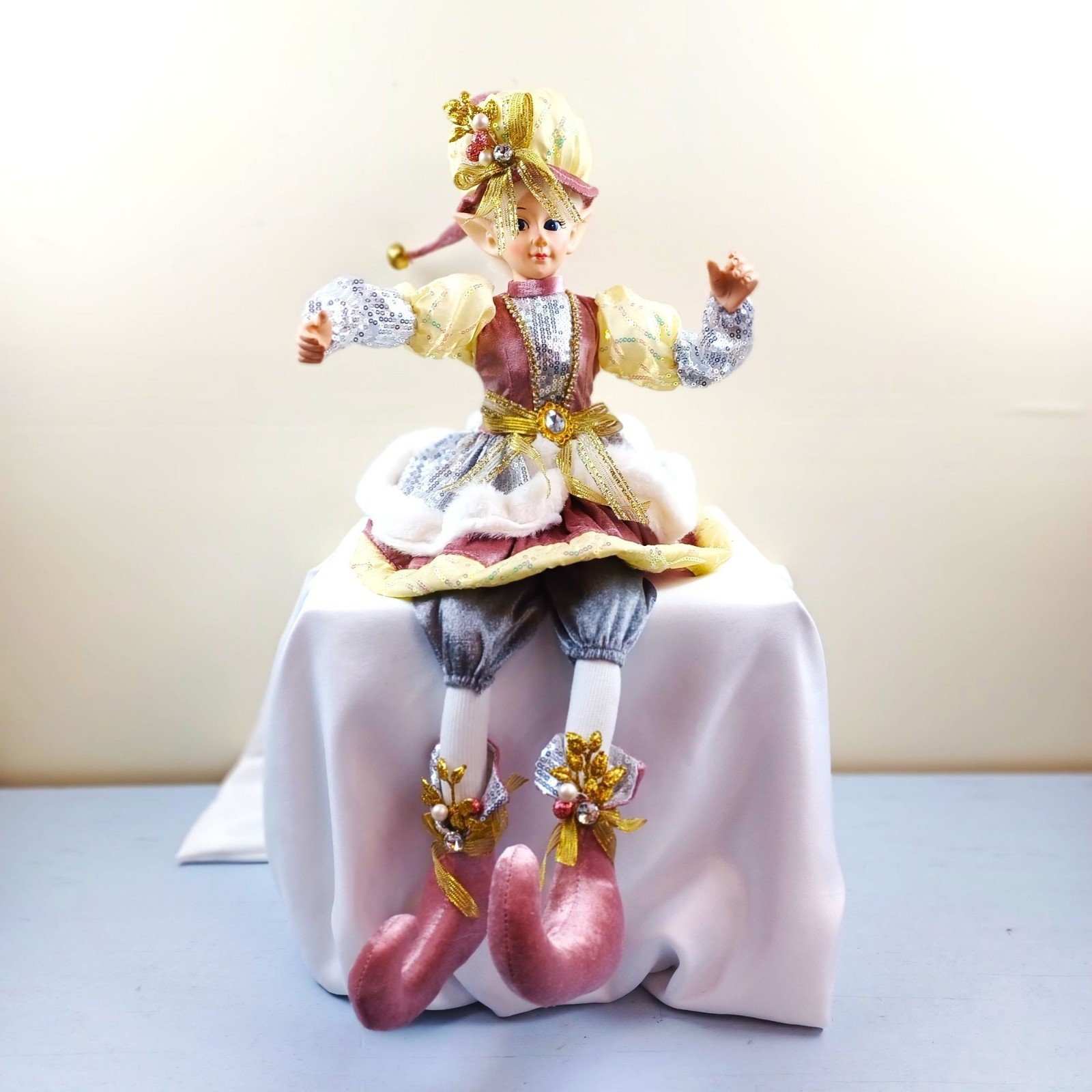 Elegant Vtg Jester Doll Sequined Outfit Velvet Shoes Christmas Porcelain Head