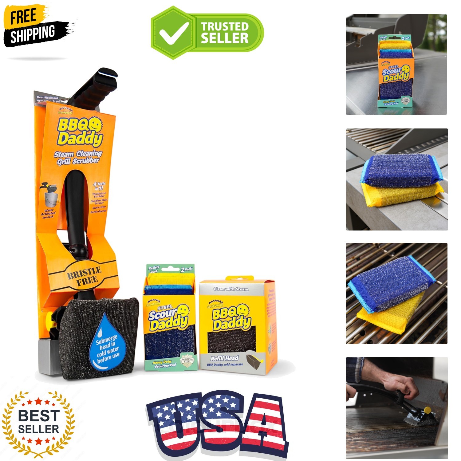 BBQ Daddy Grill Cleaner Kit - Bristle Free Grill Brush with Refill + 2 Steel ...