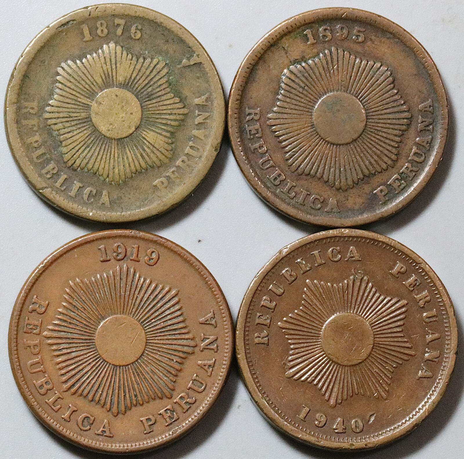 1876 1895 1919 1940 Peru Dos 2 Centavos Type Set Radiant Sun 4 Coins (25050501R)