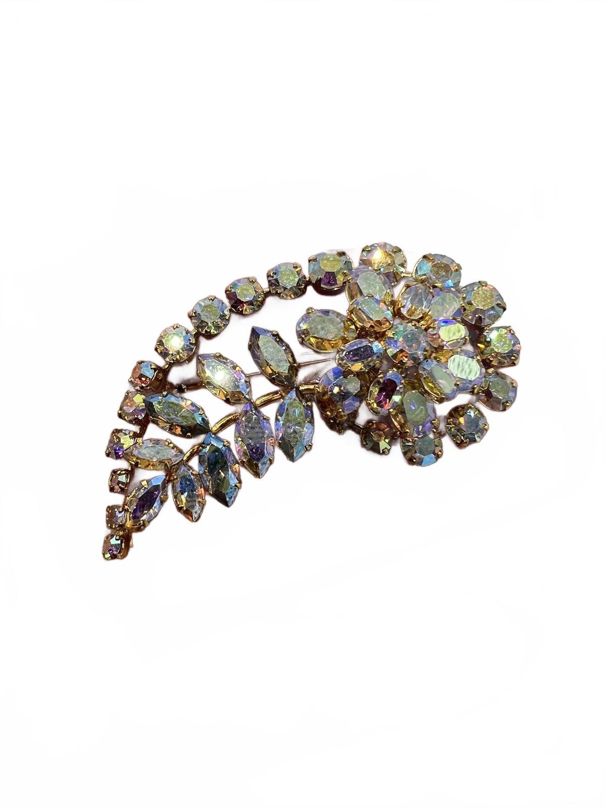 Austrian Goldtone Aurora Borealis Rhinestone Abstract Leaf/Floral Brooch