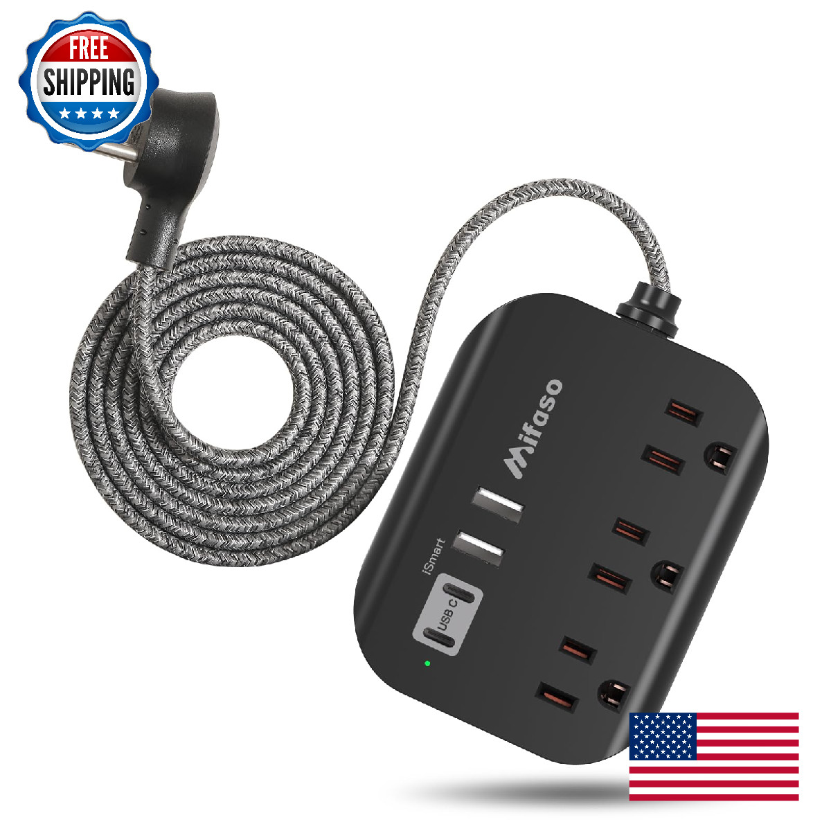 Travel Power Strip with USB, 3Ft Flat Plug Extension Cord Adapter