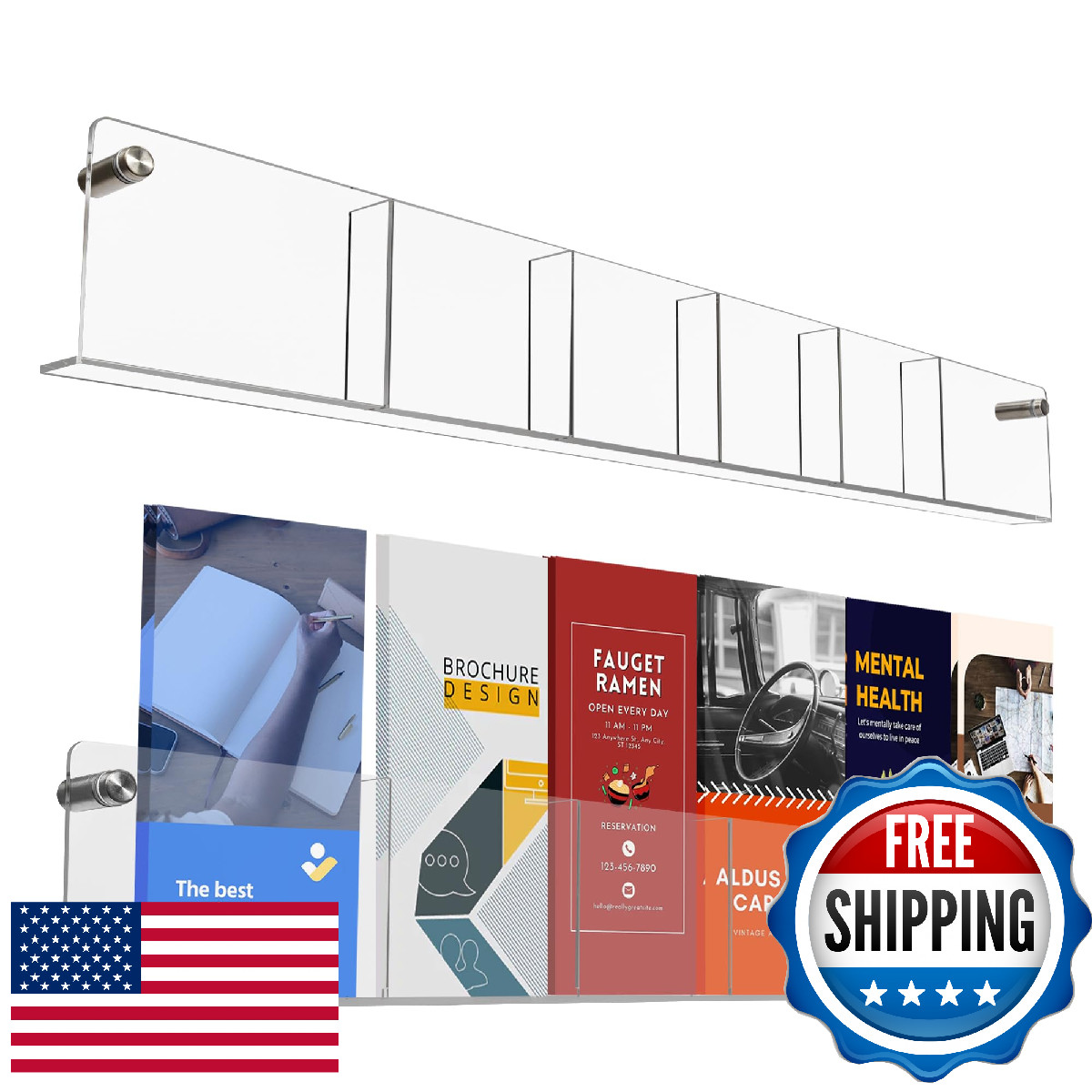 Acrylic Brochure Holder Wall Mount | 6 Pockets Pamphlet Display Stand