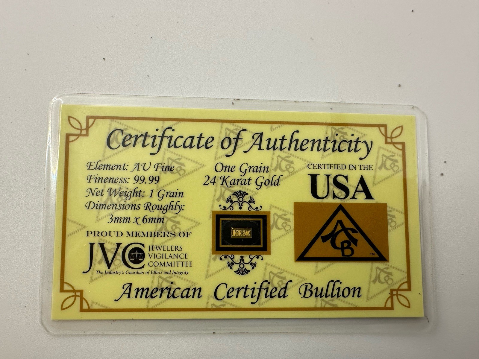 1 Grain of pure .9999 24k gold -American Certified Bullion