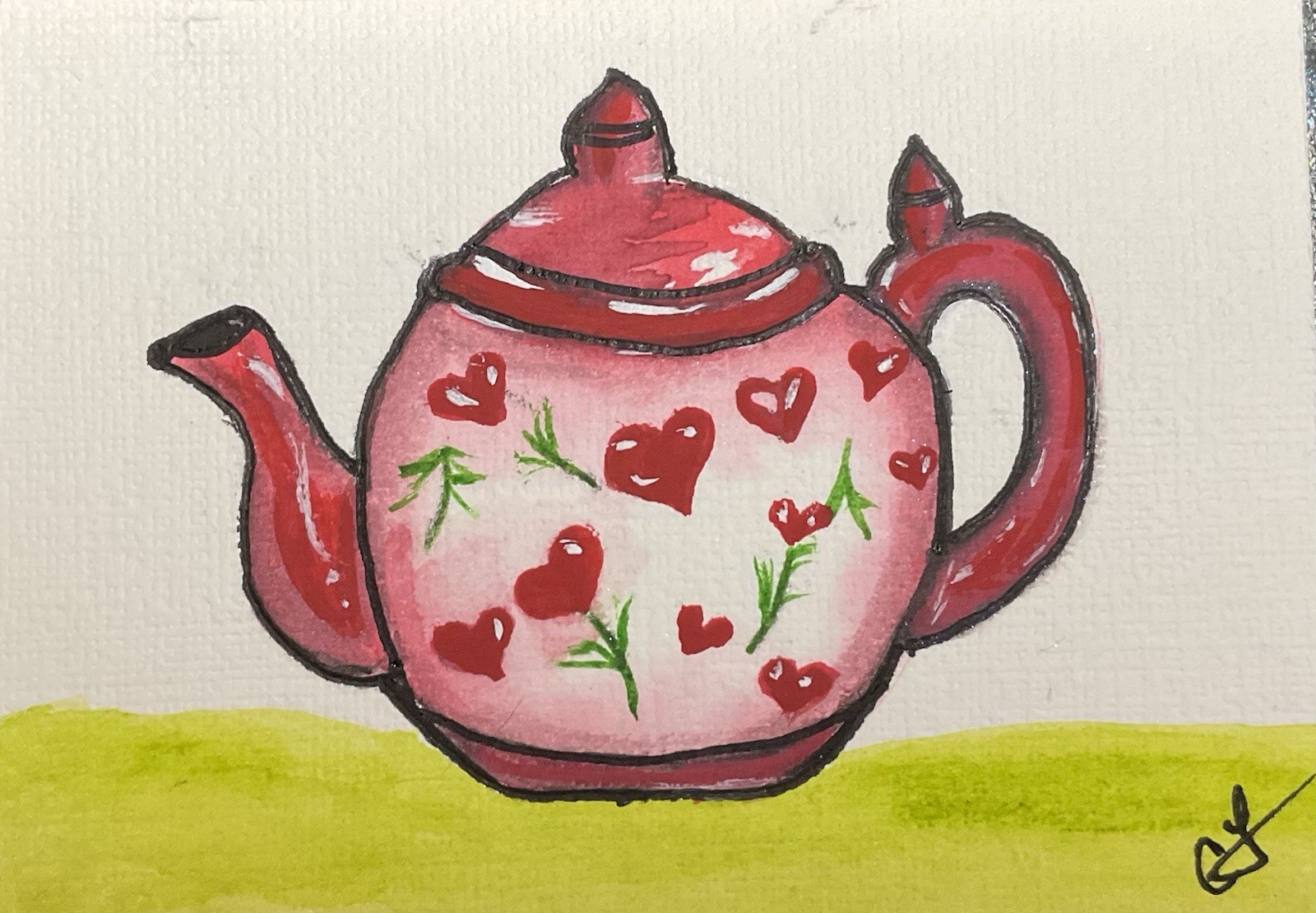 ACEO  Original Floral Heart Tea Pot Painting By Creative Siren 2.5x3.5